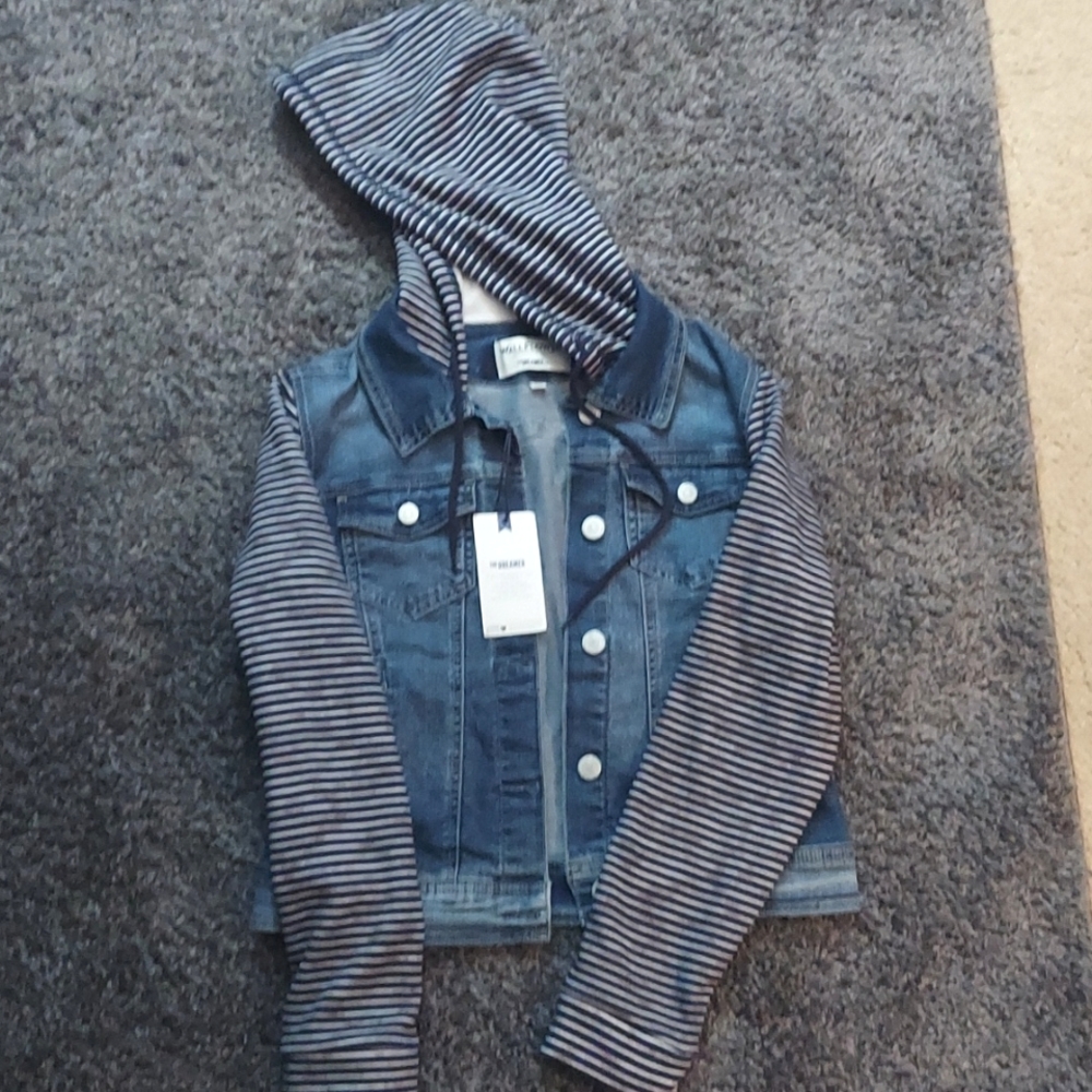 Wallflower Denim Jacket with Striped sweatshirt arms and hood